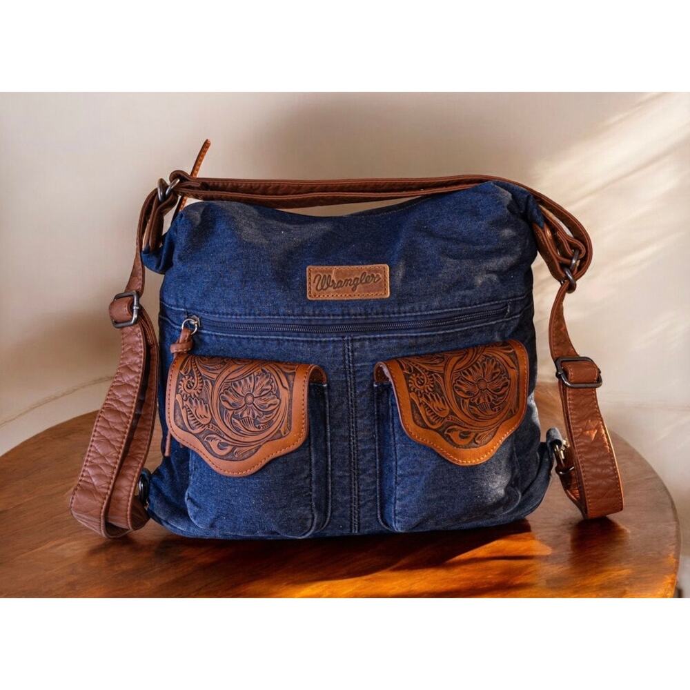 Wrangler Floral Tooled Denim Crossbody - Navy *NEW in Package* - Picture 2 of 5